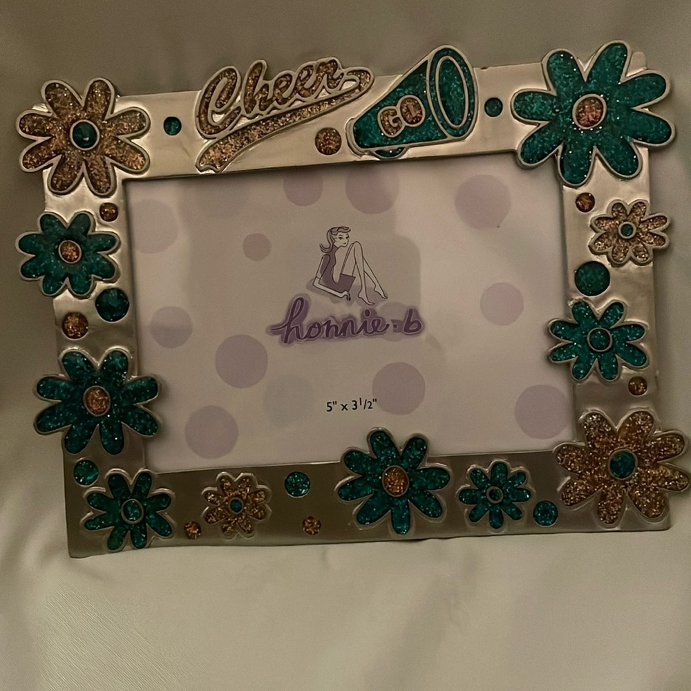 honnie b CHEER FRAME WITH GREEN AND GOLD GLITTER FLOWERS & MEGAPHONE 📣 5” X 3.5